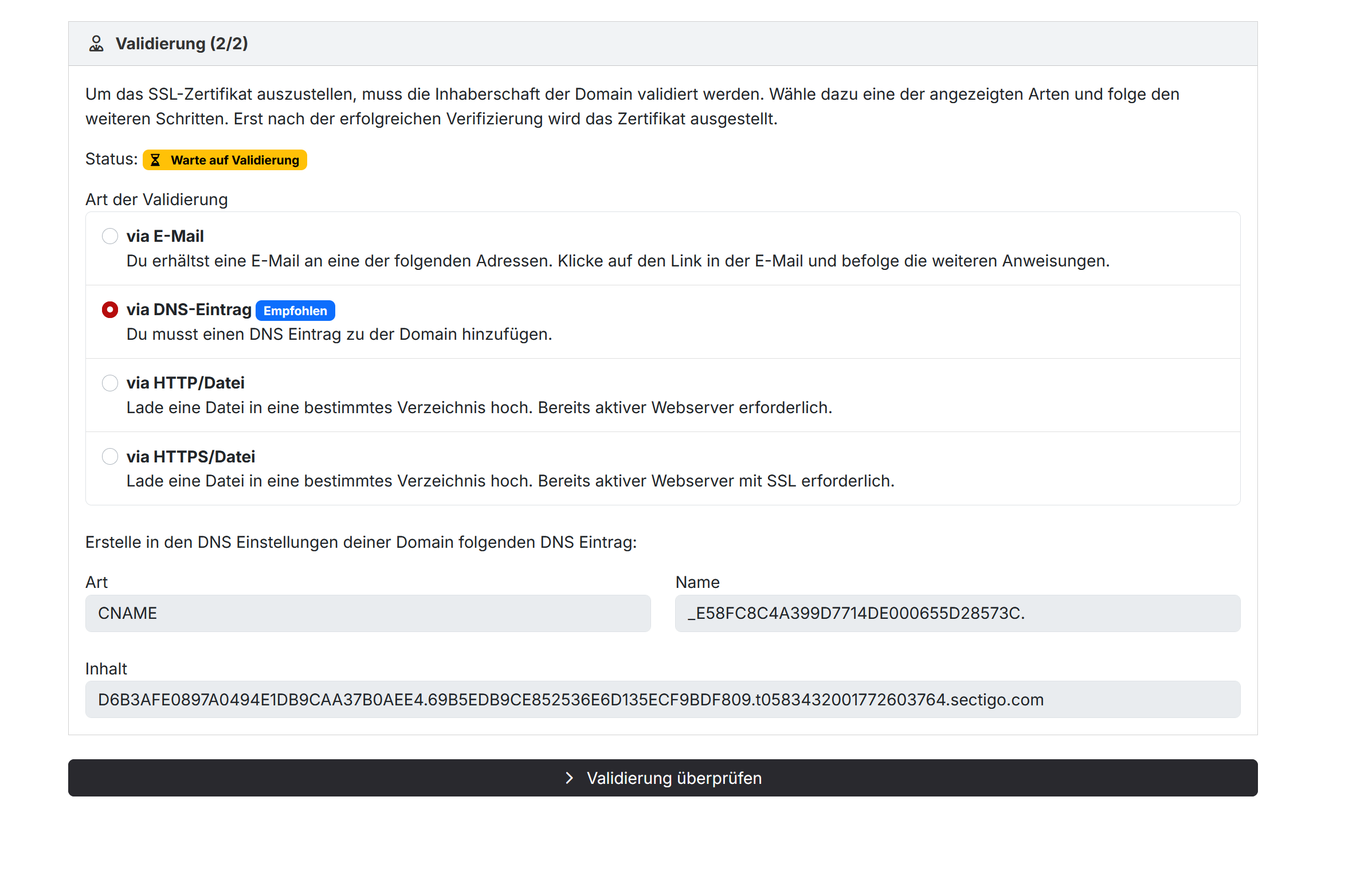 Darstellung der SSL-Zertifikatsverwaltung im Kundencenter von 1fire Hosting
